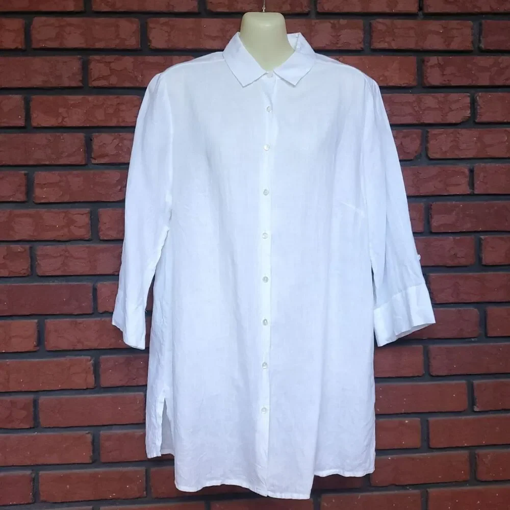 100% Linen White Button Up Tunic Shirt Womens L Minimalist Lagenlook 3/4 Sleeve